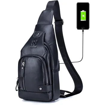 Сумка-слинг из натуральной кожи с USB-портом для зарядки, нагрудная сумка с несколькими карманами для мужчин, походный рюкзак для путешествий
