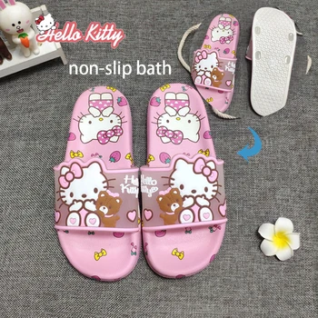 Тапочки Hello Kitty В стиле летней принцессы, удобные нескользящие домашние пляжные сандалии для взрослых на плоской подошве, мультяшные милые девушки