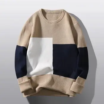 Уютный повседневный свитер, уютный мужской вязаный свитер с цветными блоками, толстый теплый Стильный осенне-зимний пуловер с деталями в стиле пэчворк
