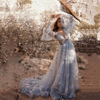 Фатиновое платье для выпускного вечера Sansa Mystical 2023, Vestidos De Noche Трапециевидной формы, с рукавом-труба, Открытой спиной, из Звездного Неба Серого цвета