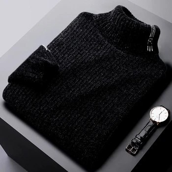 Фирменный высокий воротник с буквенной вышивкой, однотонный приталенный пуловер, свитер для мужчин, теплый трикотаж, осенне-зимняя мода для отдыха