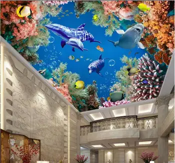 Фото на заказ 3d потолочные фрески обои Морской мир рыба кит коралловый декор гостиная 3d настенные фрески обои для стен 3 d