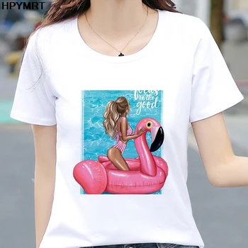 Футболка с принтом на воздушной подушке Flamingo, Летние женские топы, повседневные женские футболки Harajuku, модные футболки для девочек, женская одежда