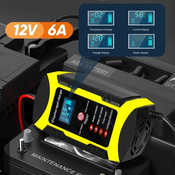 Цифровой дисплей интеллектуального зарядного устройства 6A 12V для мотоцикла, автоматического аккумулятора, автомобильного зарядного устройства для ремонта импульсов, дисплея мощности для аккумулятора емкостью 4ah-100ah