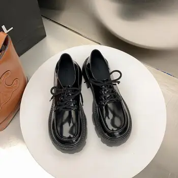 Черные Винтажные Туфли, Женские Осенние Модные Удобные Оксфордские Лоферы На платформе Со шнуровкой, Повседневная Обувь На Высоком Каблуке Для девочек