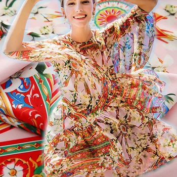 Ширина 145см Сицилии ветряная мельница цветы лилии печатных шифон или имитировать шелк атласная ткань для женщин платья юбки блузки DIY швейные