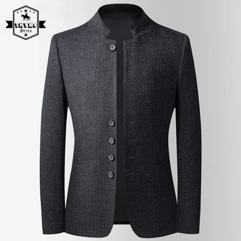 Эластичный Блейзер со стоячим воротником в китайском стиле, мужские приталенные пиджаки для деловых джентльменов, мужские высококачественные однотонные повседневные пальто