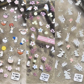 Японские 5D ультратонкие и прочные наклейки для ногтей Cherry Blossom, наклейки для ногтей с милым кроликом, украшения для ногтей, наклейки для ногтей