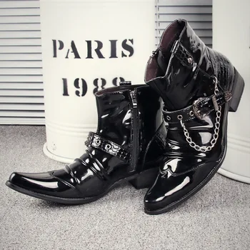 мужские модные ботинки из лакированной кожи черного цвета, стильная брендовая дизайнерская обувь для сцены и ночного клуба, ботильоны с острым носком, короткие ботинки 